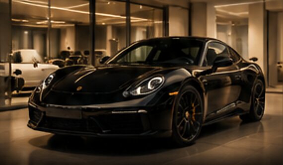Coupé sportif noir dans un showroom