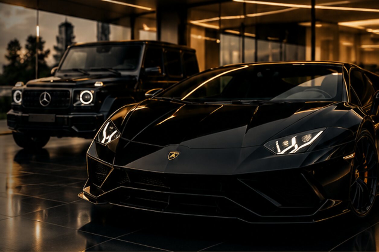 Voitures de prestige noires dans un showroom éclairé